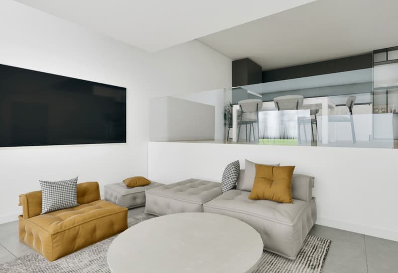 a large living room with white walls, floor, and large windows with an open view