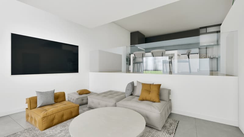 modern living room with a sofa set, flat screen tv, table, coffee table, carpet