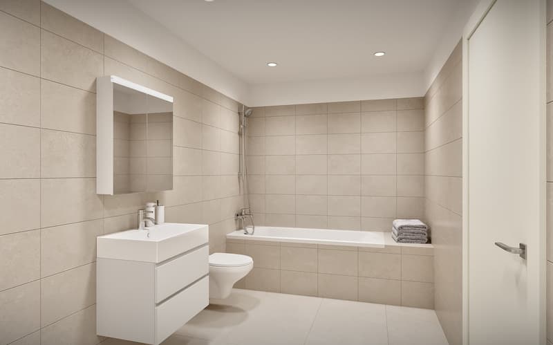 modern bathroom with white tiles, white vanity, bathtub, toilet, mirror, and towel rack