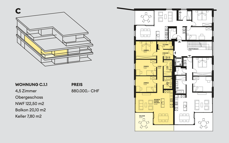 3 rooms, kitchen, dining, living room, balcony, 1 cellar