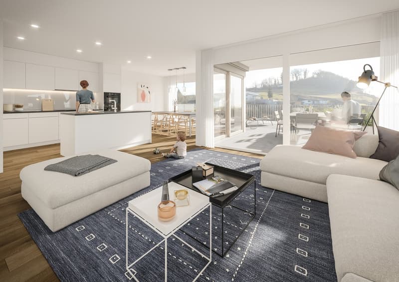 open floor plan, kitchen with large island, living room with sofas, coffee tables, sliding glass door to terrace, wood flooring