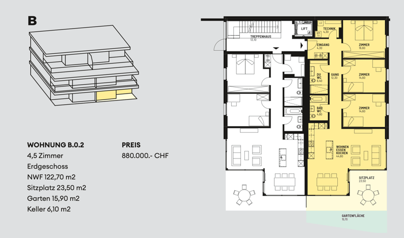 4.5 rooms, living room, kitchen, 4 bathrooms, balcony, entrance hall, technical room, storage room, garden