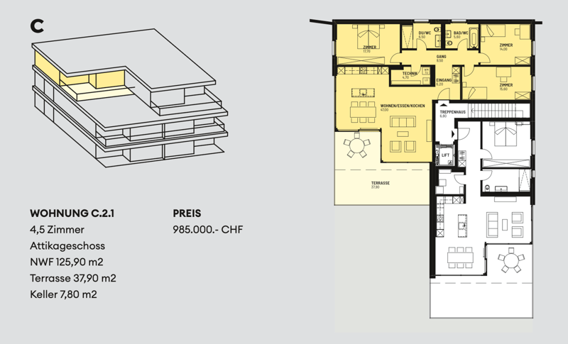4.5 rooms, attic level, living room, kitchen, 4 bedrooms, 2 bathrooms, balcony, terrace, cellar