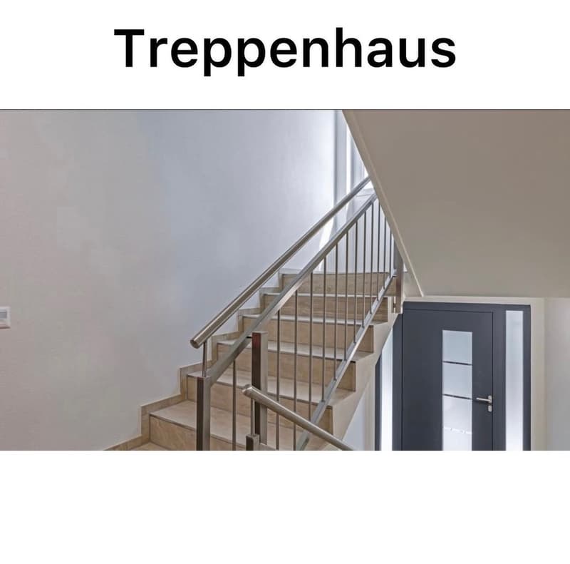 Raised ground floor, gray door, marble stairs, metal handrail