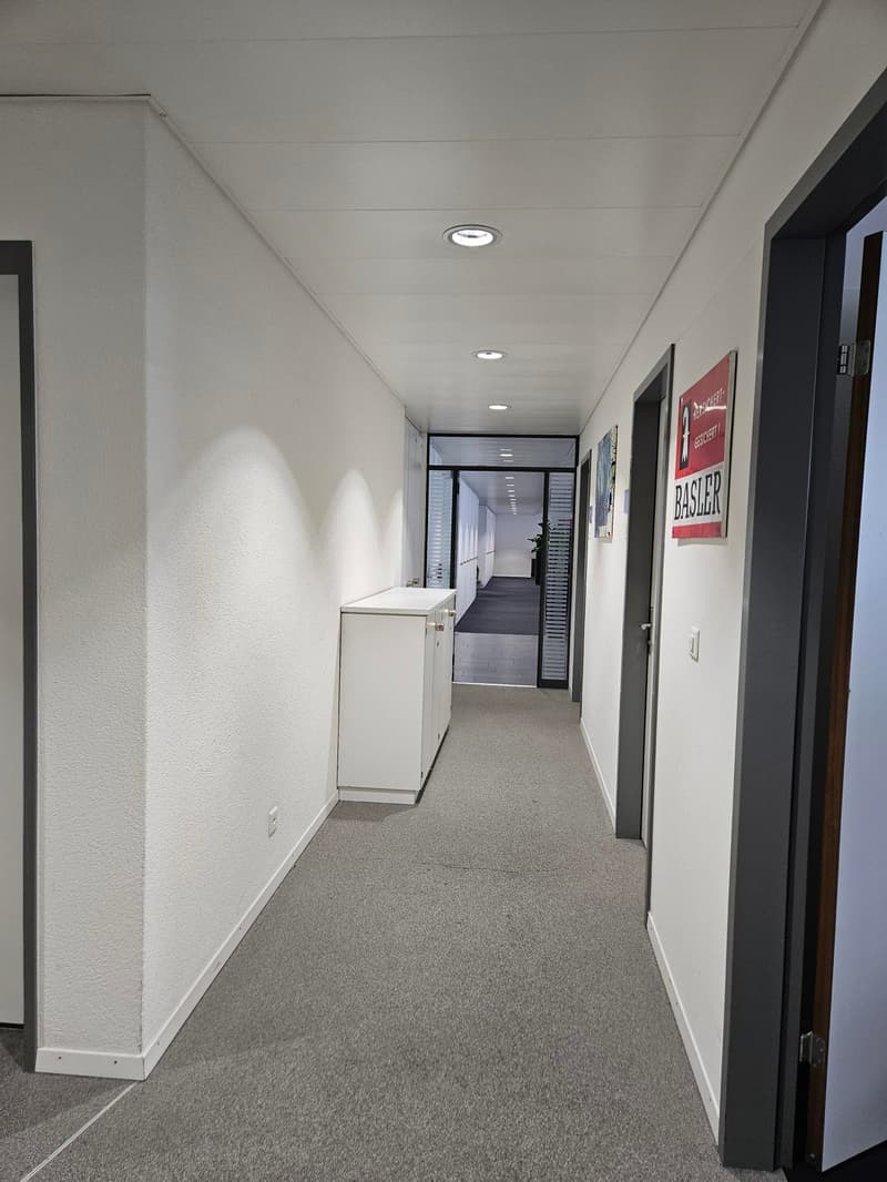 Empty hallway with white walls, gray carpet, white ceiling with recessed lighting, white cabinet, glass doors, and a red sign