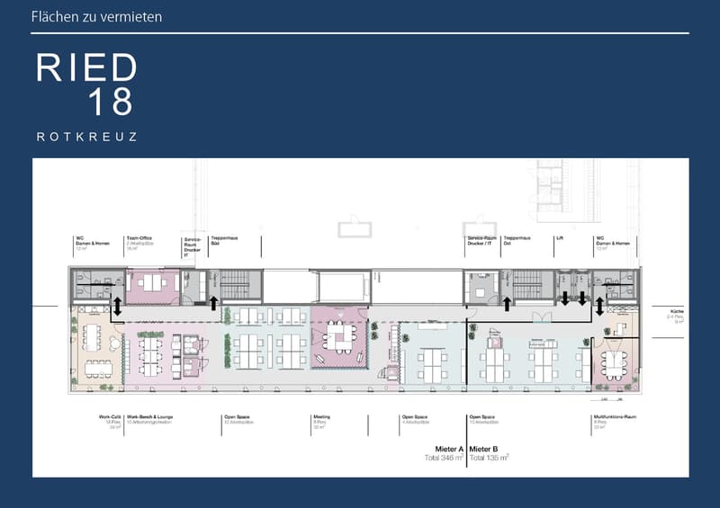 Open space areas, meeting rooms, lounge areas, multi-function rooms, service room, printers/fax, trappehaus, lift, WC, team office, kitchen, work-cafe, workstations