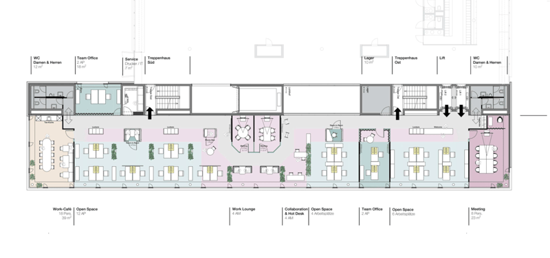work cafe, team office, meeting room, open spaces, lounges, hot desks, wc
