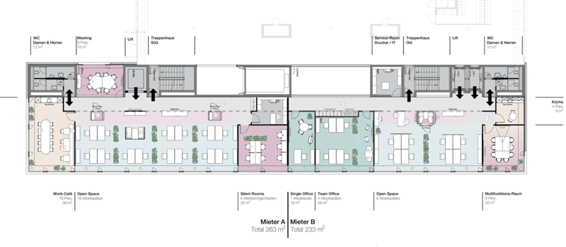 WC for men and women, Meeting space, Office rooms of various sizes, Work Cafe, Office Open Space, Silent Rooms, Multi-functional Room, Stairs, Elevators, Stairwells