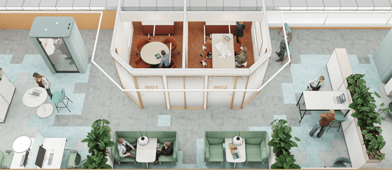 Open office layout with partitioned workspaces, individual desks, meeting rooms, communal tables, open seating, plants, and open areas.