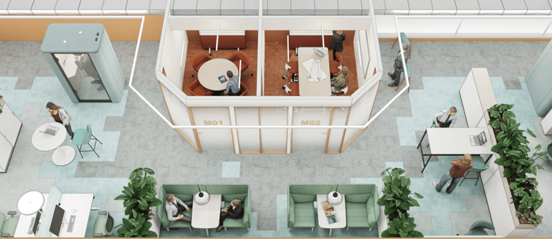 Open office layout with partitioned workspaces, individual desks, meeting rooms, communal tables, open seating, plants, and open areas.