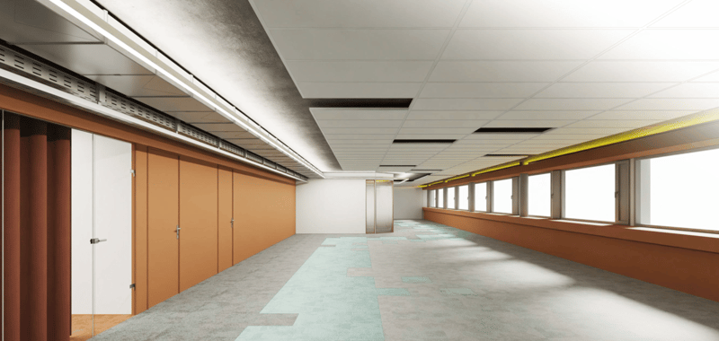 Wide, illuminated hallway, with doors along left wall and windows along right wall.