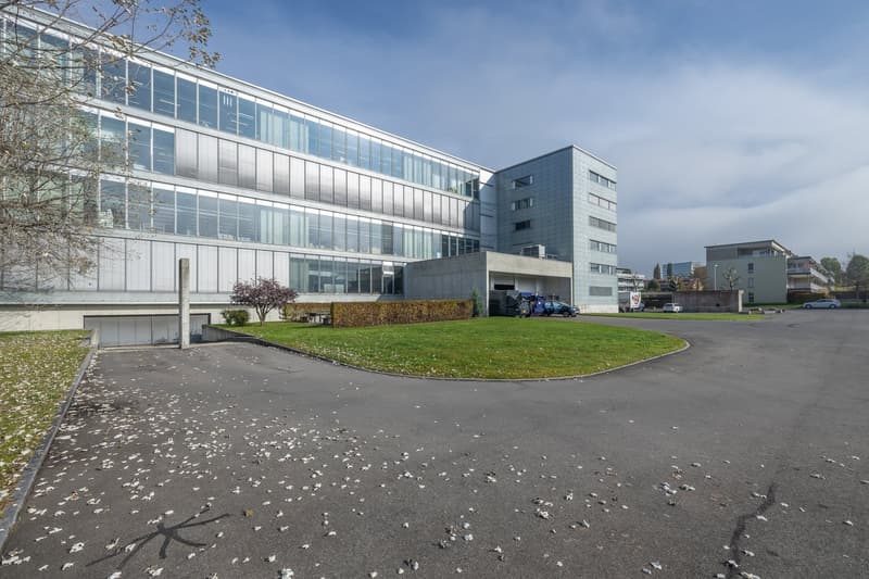 Modern glass office building with parking lot and shrubs
