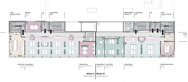 18 person work cafe, 18 person open space, 6 single office spaces, 4 team offices, 8 open spaces, 8 person multifunctional room