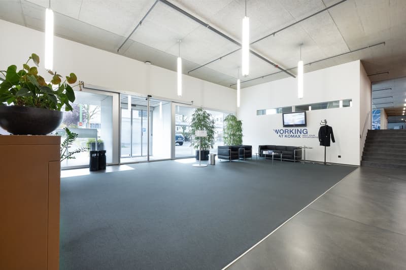 modern interior with white walls, carpeted floor, glass doors, modern furnishings, plants, and overhead lighting