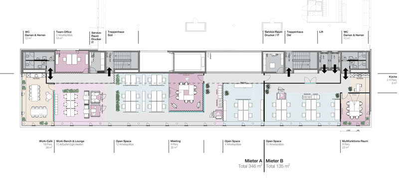 floor plan with multiple areas such as team office, service room, work-bench and lounge, open space, meeting area, multifunktions-raum, wc damen & herren, treppenhaus, lift, and service raum drucker/it