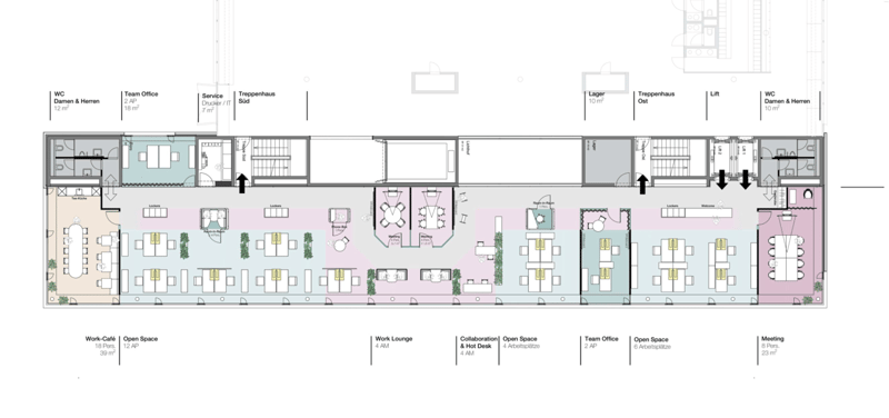 Team Office, Open Space, Work Lounge, Meeting Space, Collaboration & Hot Desk, Work-Cafe, Storage, Stairs, Stairs, Stairs, Elevator, Stairs