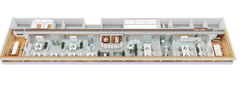 Open floor layout, multiple office spaces, dining areas, balconies, central reception, restrooms, storage rooms, meeting rooms, and a kitchen.