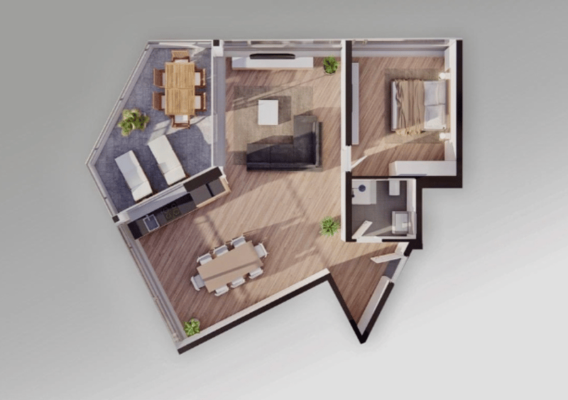 Living room, dining area, 2 bedrooms, kitchen, bathroom, balcony