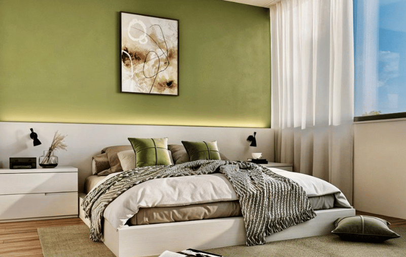 bed, nightstands, large windows, framed painting, white walls, wooden floors, decorative pillow