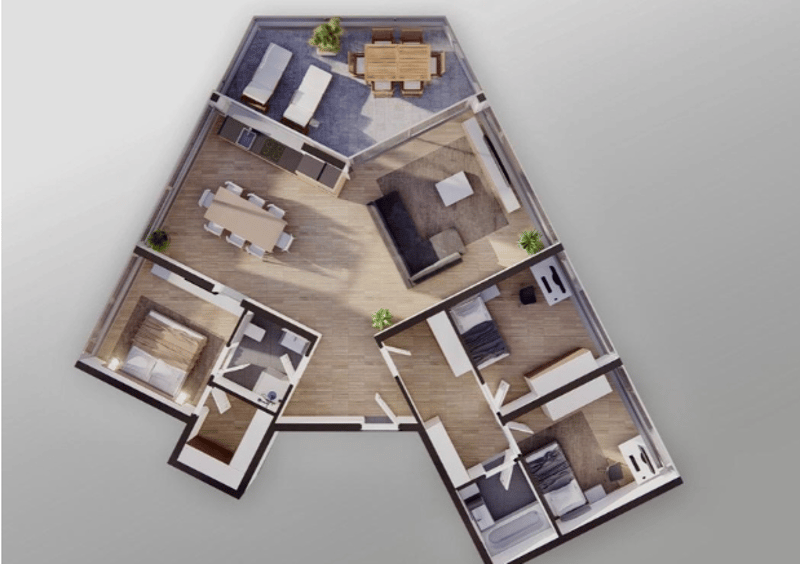 atrium plan, open floor plan, living room, dining area, kitchen, 2 bedrooms, 2 bathrooms, balcony