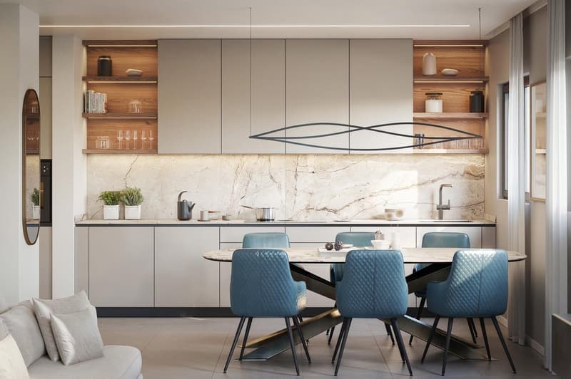 modern kitchen with dining area, marble countertop, wooden shelves, blue chairs, round table, white cabinets, modern lighting, couch with pillows