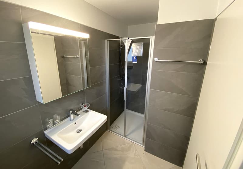 White sink, shower enclosure, mirror, tiled flooring, faucet, glass holders, silver towel bar