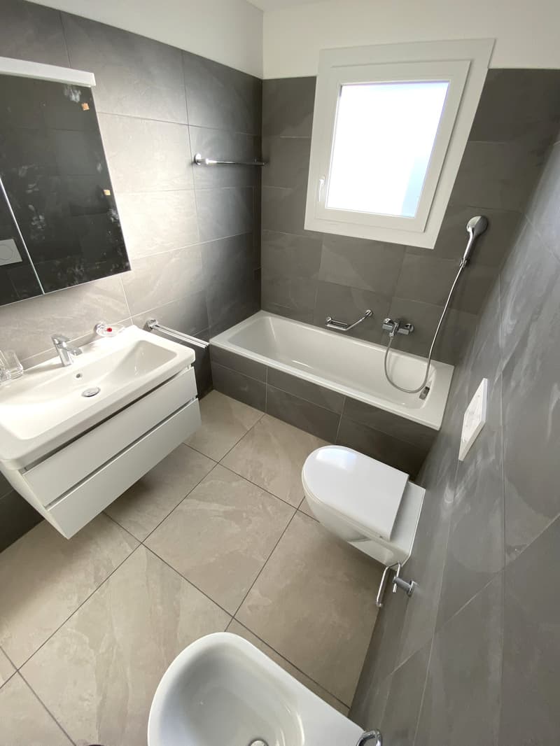 white bathtub, white sink, white toilet, grey tiles, mirror, shower, power outlet
