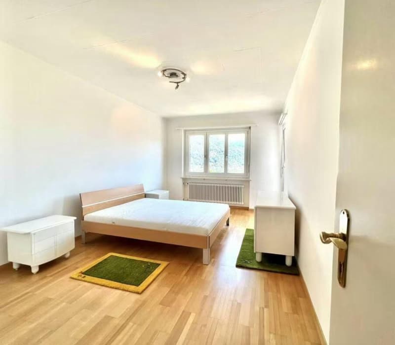 A bedroom with a bed, nightstands, a window with a view of mountains, wooden floors, and green rugs