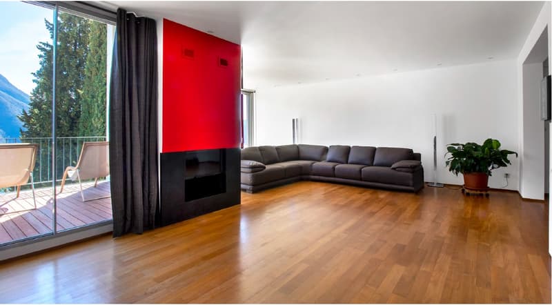 Red and black walls, large couch, fireplace, hardwood floor, balcony, potted plant