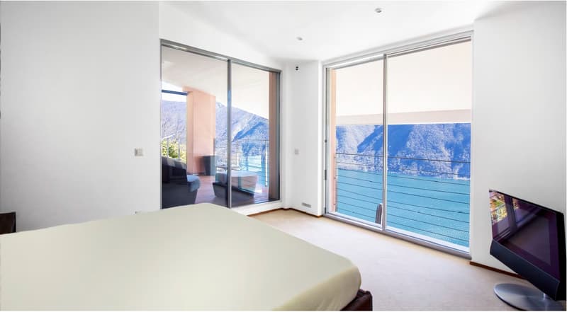 modern design, bed, white walls, sliding glass doors, balcony, sea view
