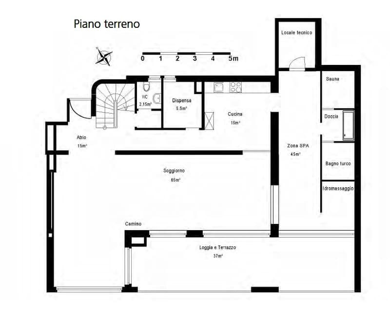 Entrance hall, wc, pantry, living room, kitchen, 2 bedrooms, 2 bathrooms, balcony, technical room, sauna, thermal area, dressing room, bathroom, shower, steam room, bedroom, balcony, terrace