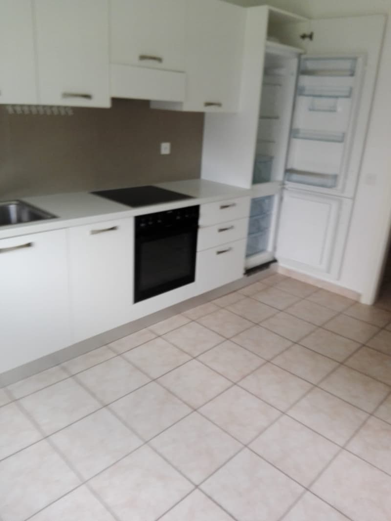 modern kitchen with white cabinets, tiled floor, induction stove, oven, sink, refrigerator