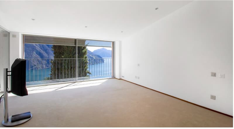 Empty room with white walls, beige flooring, large glass sliding doors leading to a balcony with a view of a lake and mountains.
