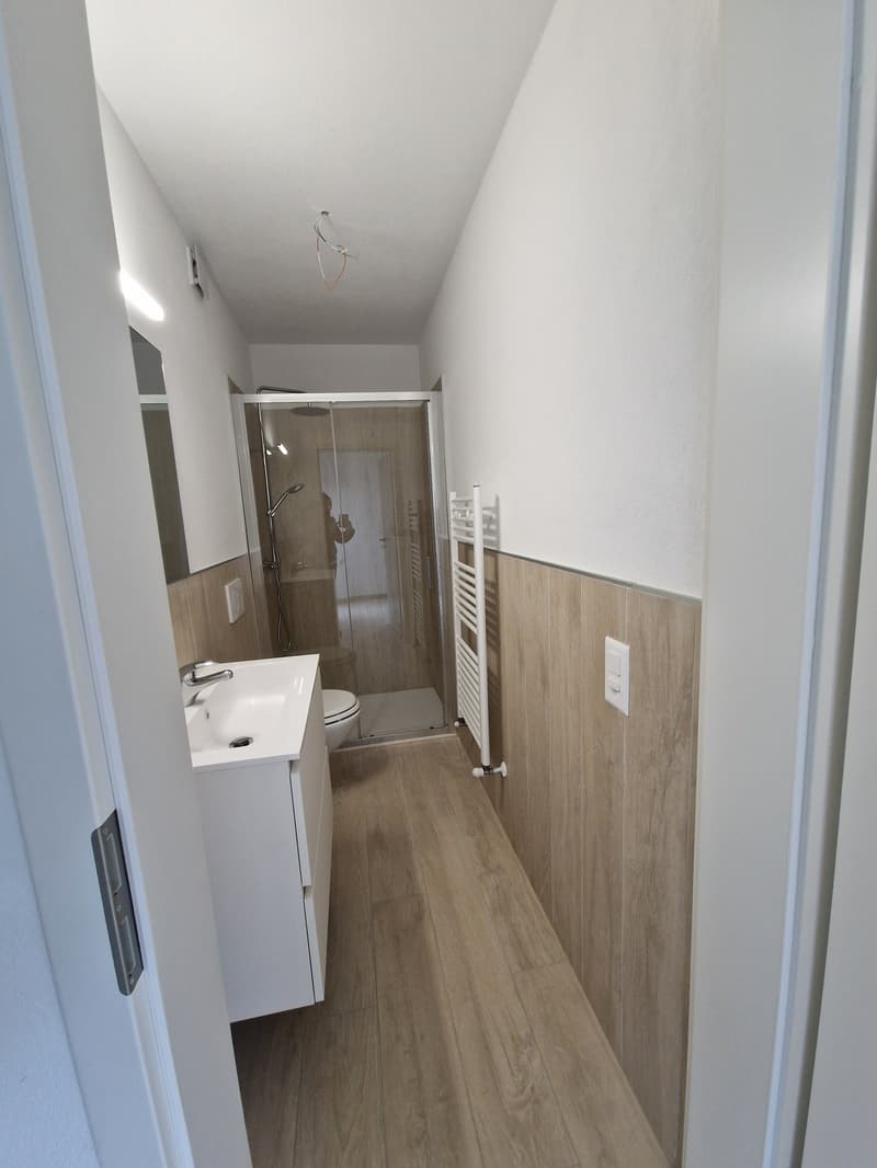 Bathroom with shower, toilet, sink, and towel rack