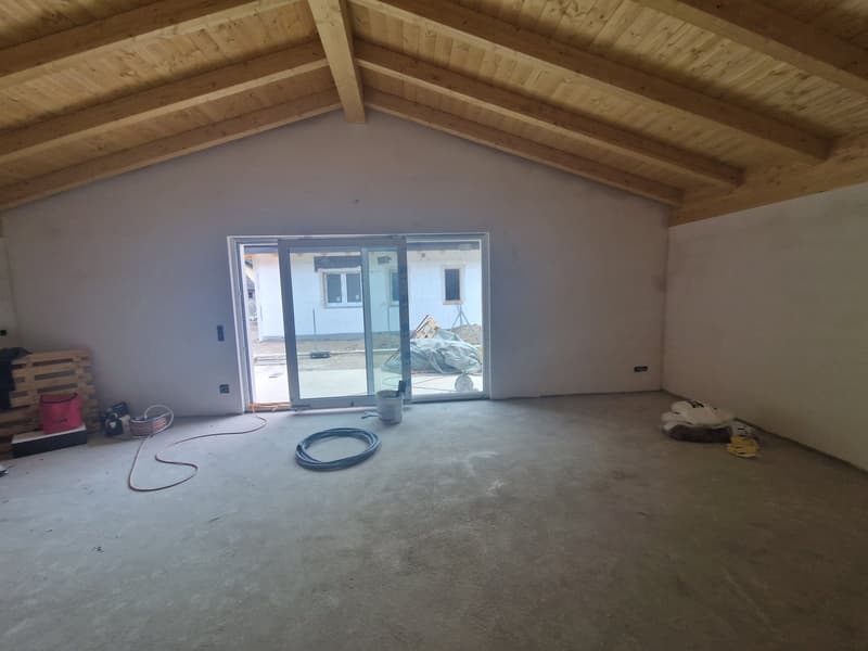 empty room, wooden ceiling, sliding glass door, concrete floor, bucket, hose
