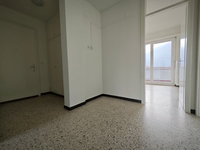 empty room, white walls, gray flooring, white doors, balcony, glass door
