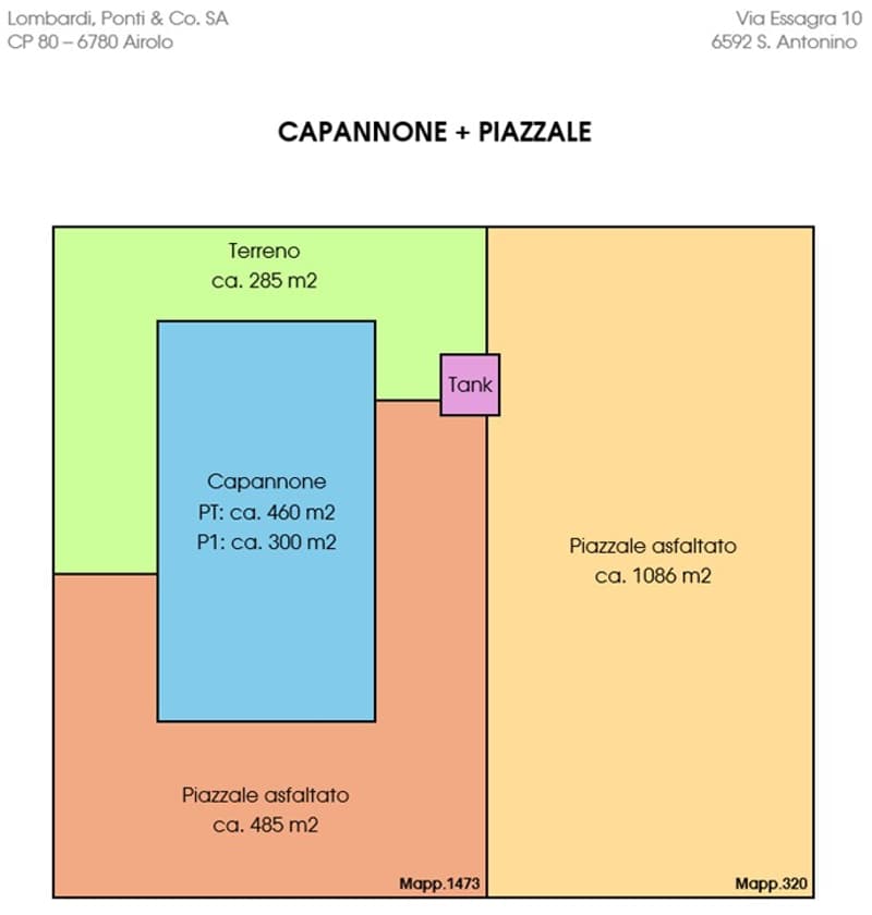 Floor plan with areas labeled: Terreno, Capannone, Tank, Piazzale asfaltato