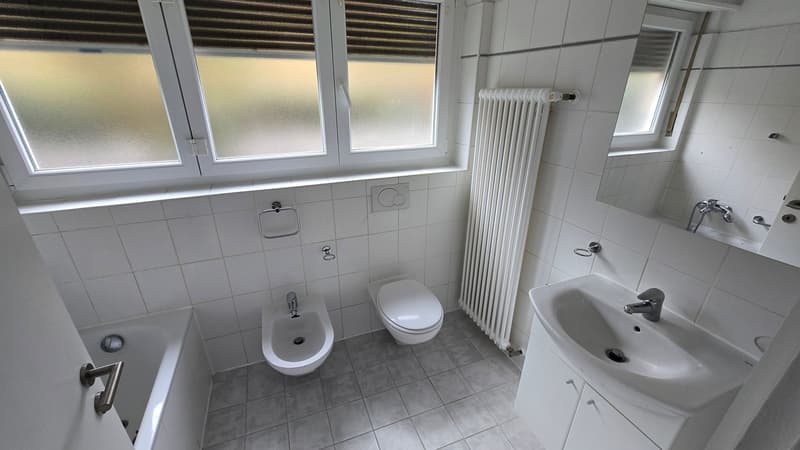 White tiled walls, white tiles floor, bathtub, bidet, toilet, sink, radiator, mirror