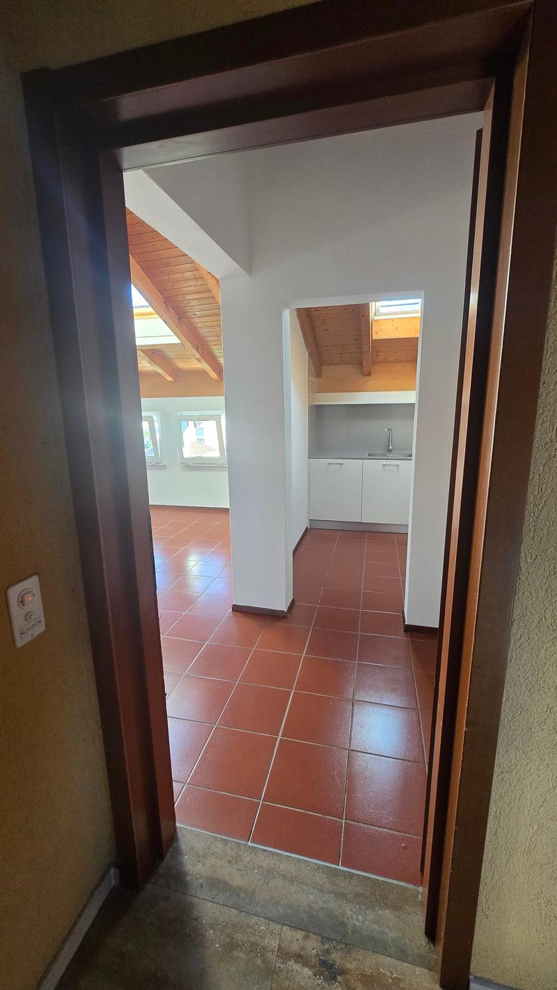 Empty room with red tiles, wooden ceiling, white kitchen, two windows