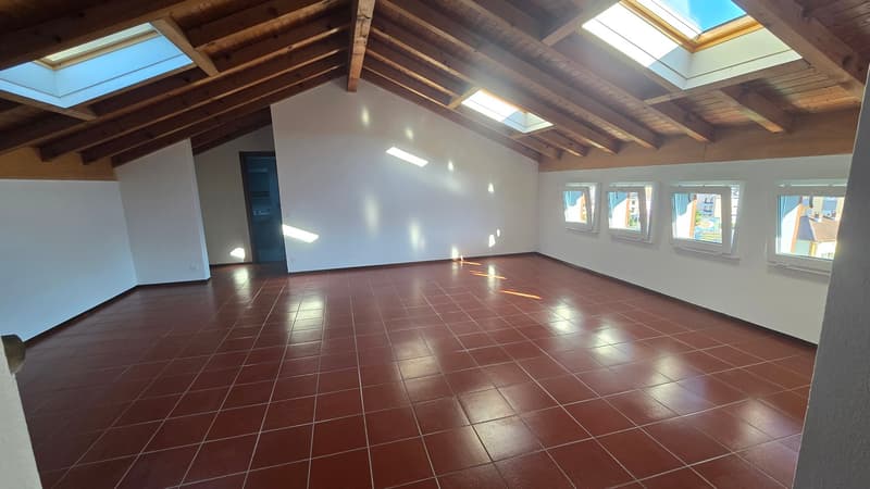 empty room, red tiles, wooden ceiling, windows, skylights
