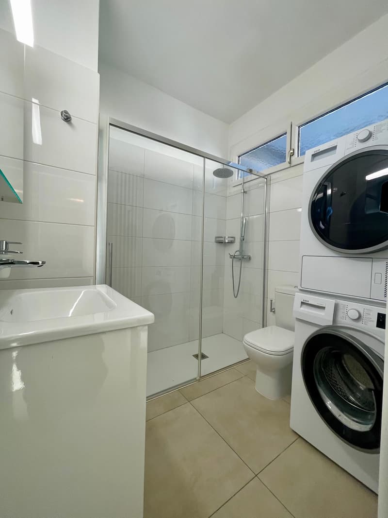a shower, sink, toilet, washing machine, and dryer