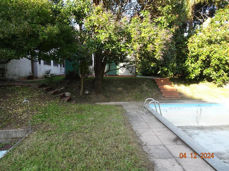 Well maintained grass, swimming pool, trees, stairs, house in the background