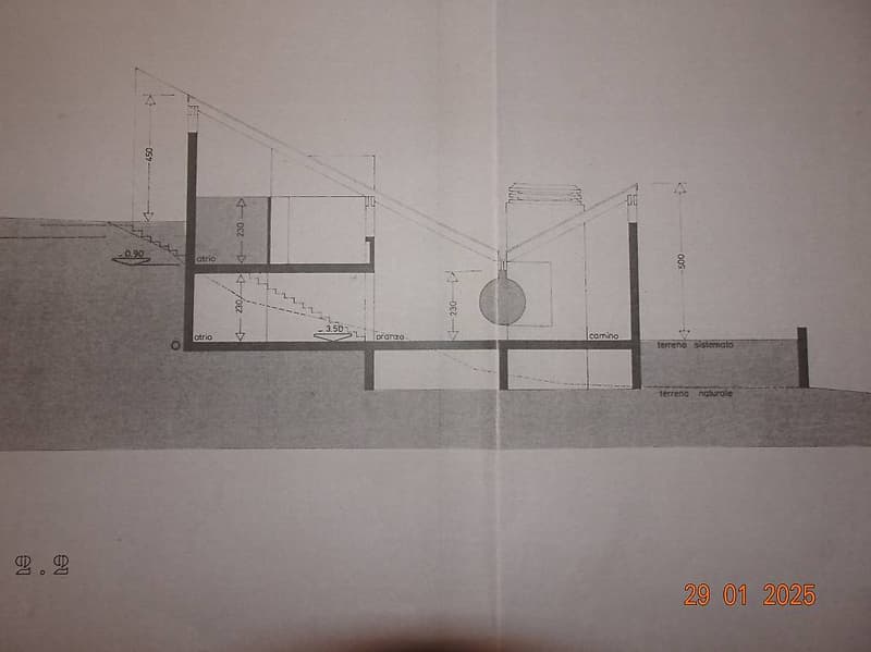 Floor plan with two atrio spaces, pramzo space, camino space, and terreno sistemato space