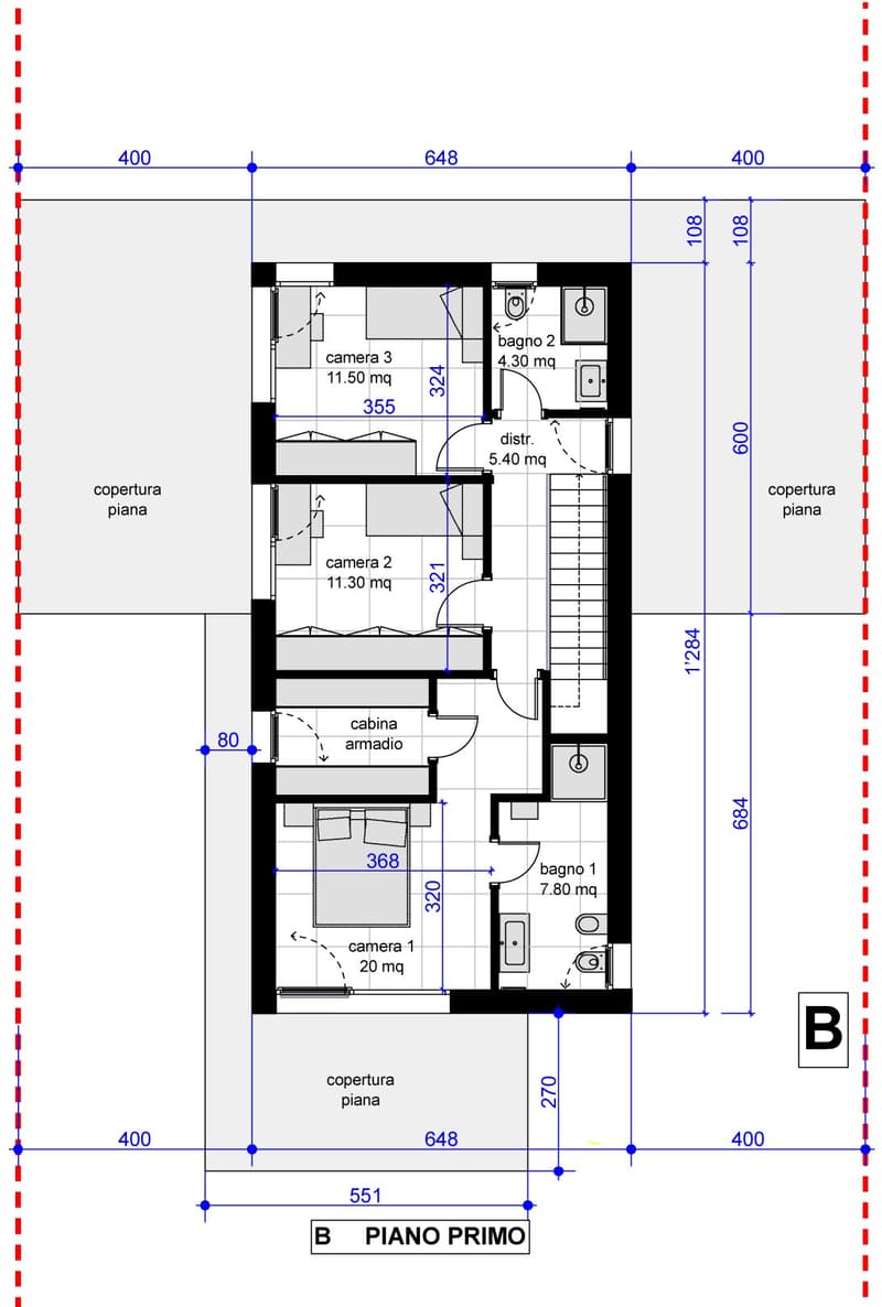 two bedrooms, two bathrooms, hallway, distribution area, balcony, covered area