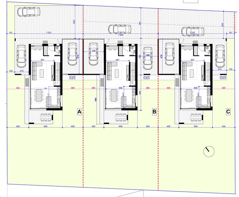 Three units, living room, kitchen, 2 bedrooms, 2 bathrooms, car parking space, garage