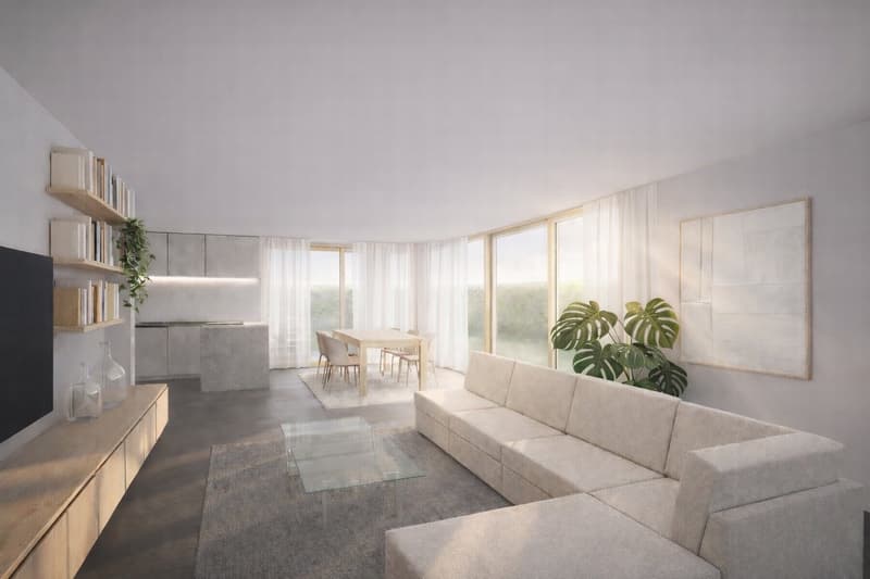 Living room with gray couch, glass table, white curtains, white shelves, and large windows