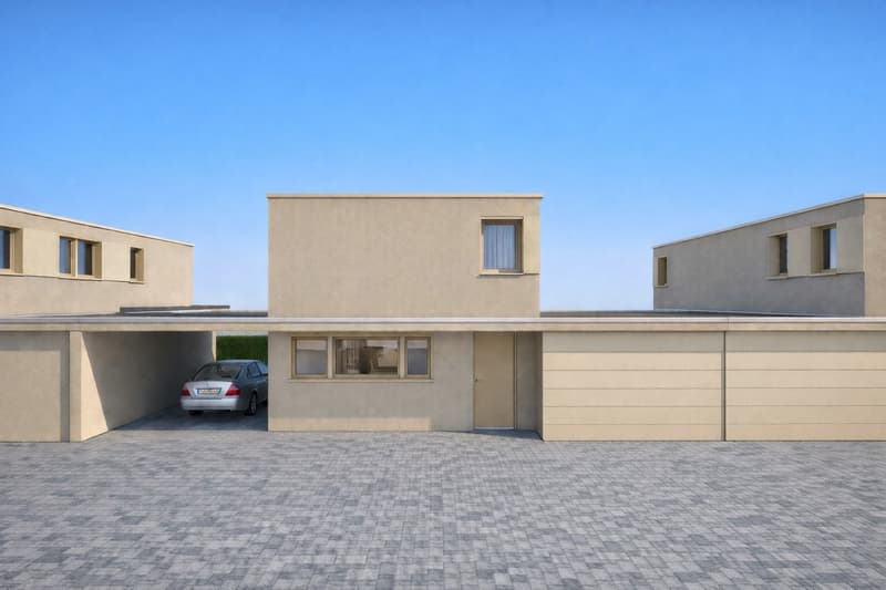 Detached house, beige exterior, attached garage, glass windows, paved driveway