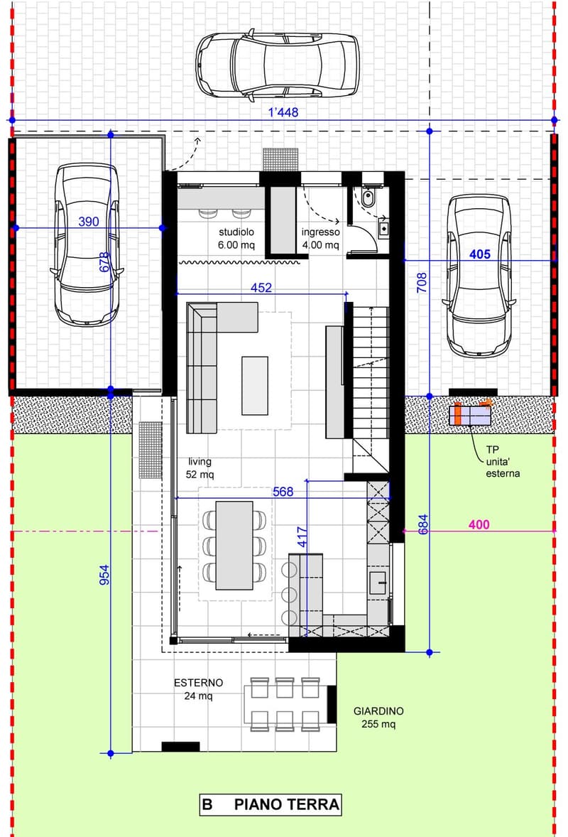 Living room, kitchen, studio room, bedroom, bathroom, entrance, terrace, garden