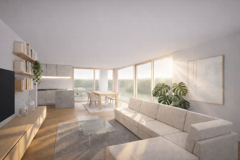 Contemporary design, large windows, dining area, cozy sofa, wooden floor, decorative items
