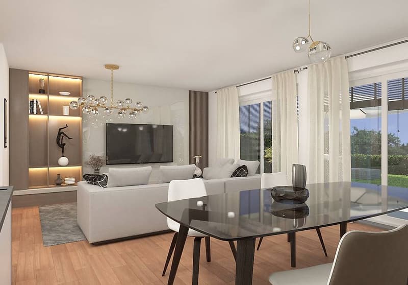 modern living room with grey couch, grey rug, TV, shelves, chandelier, glass table